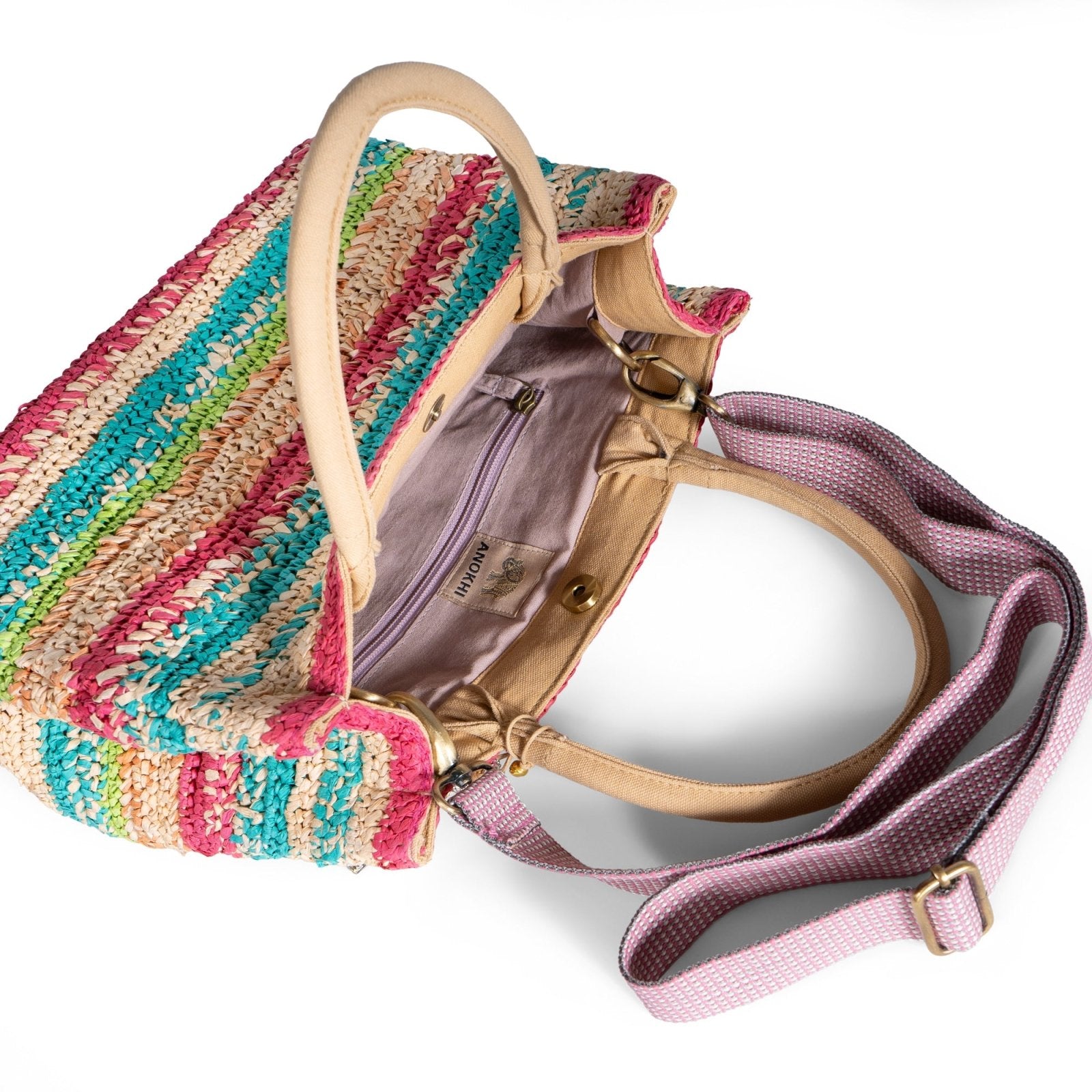 Tote Bag aus Bast mittlere Größe Handarbeit Streifen - ANOKHI