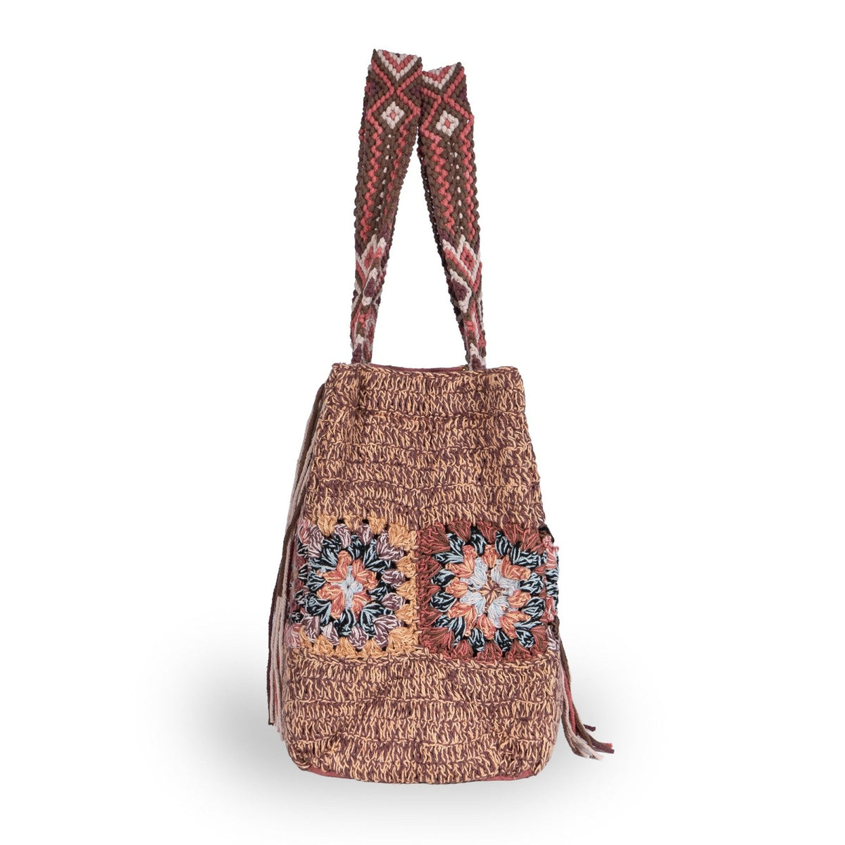 Tote Bag gehäkelt Fransen multicolor rotbraun - ANOKHI