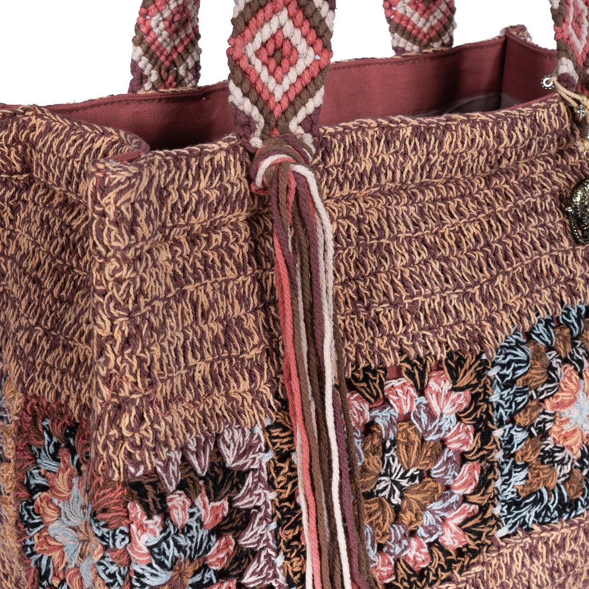 Tote Bag gehäkelt Fransen multicolor rotbraun - ANOKHI