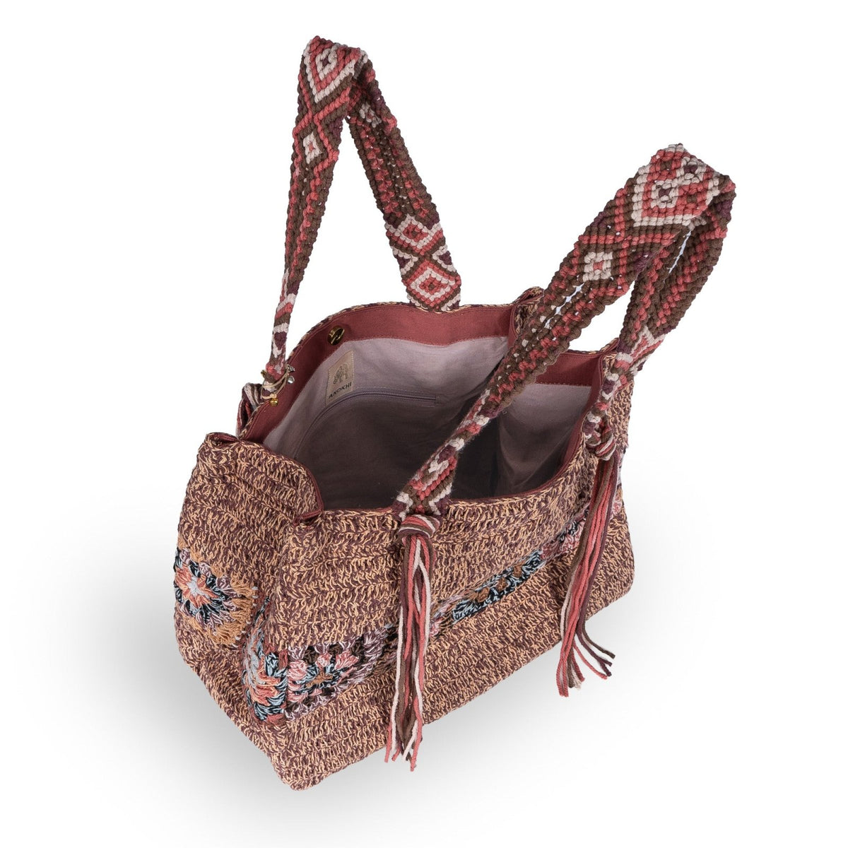 Tote Bag gehäkelt Fransen multicolor rotbraun - ANOKHI