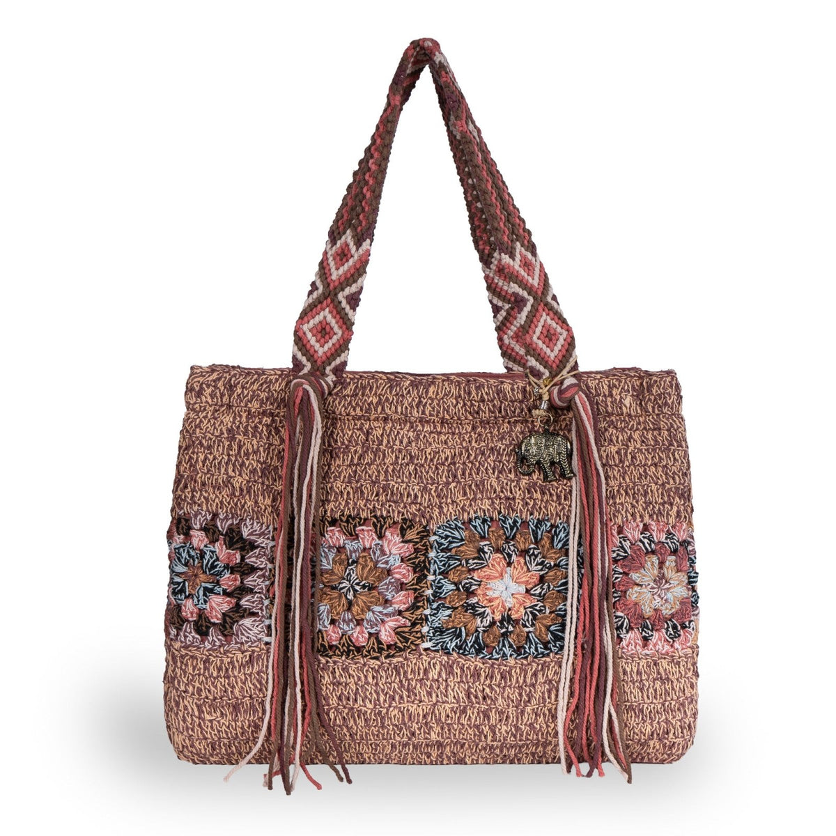 Tote Bag gehäkelt Fransen multicolor rotbraun - ANOKHI
