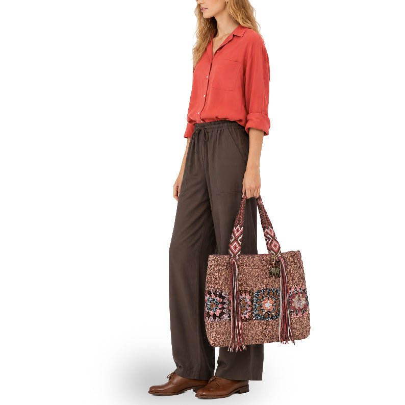 Tote Bag gehäkelt Fransen multicolor rotbraun - ANOKHI