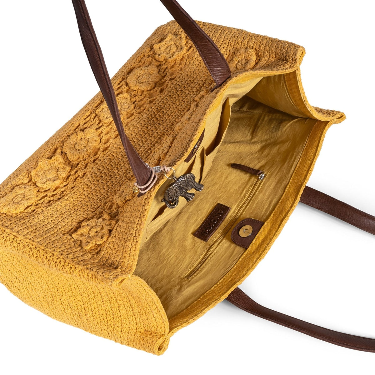 Tote Bag gehäkelt handarbeit Blumenmuster gelb - ANOKHI