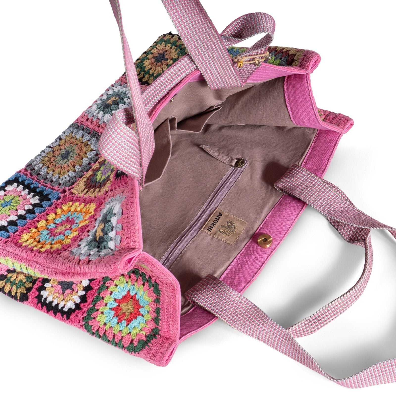 Tote Bag gehäkelt Handarbeit pink multicolor - ANOKHI