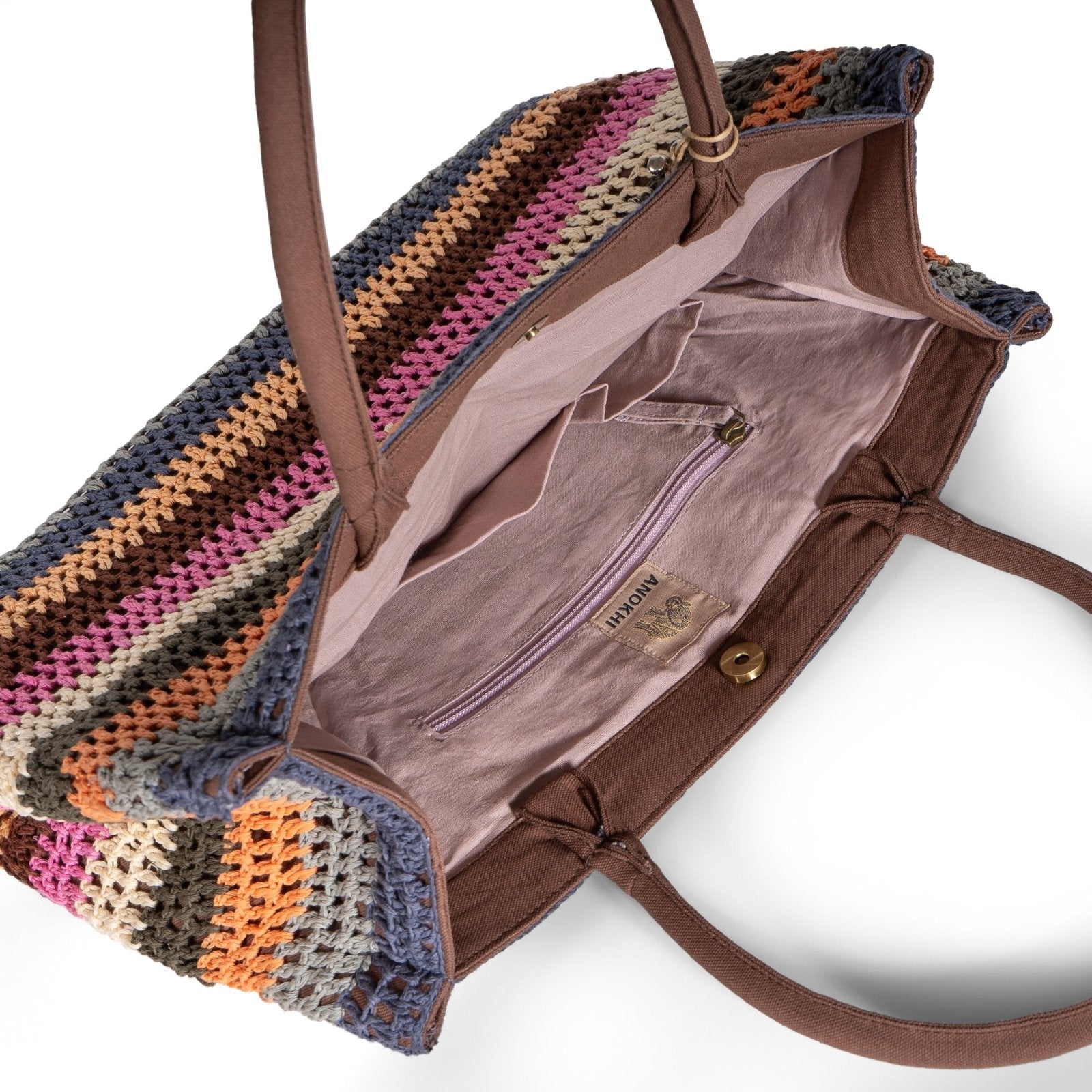 Tote Bag groß gehäkelt Handarbeit Streifen multicolor - ANOKHI
