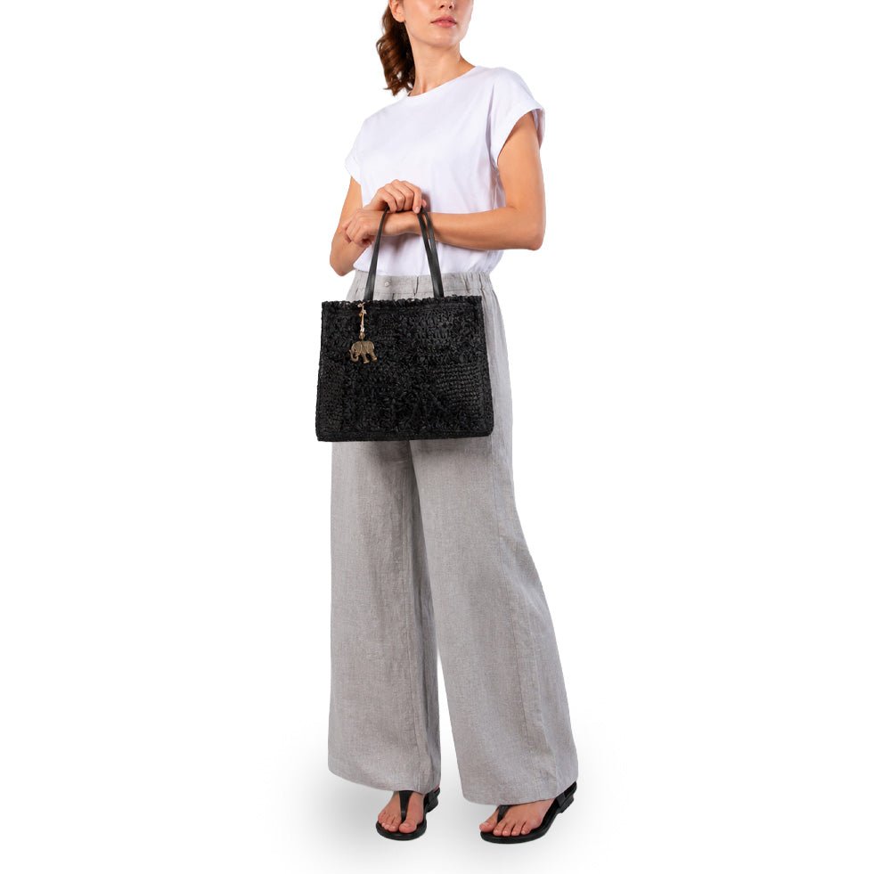 Tote Bag klein aus Bast Handarbeit schwarz - ANOKHI