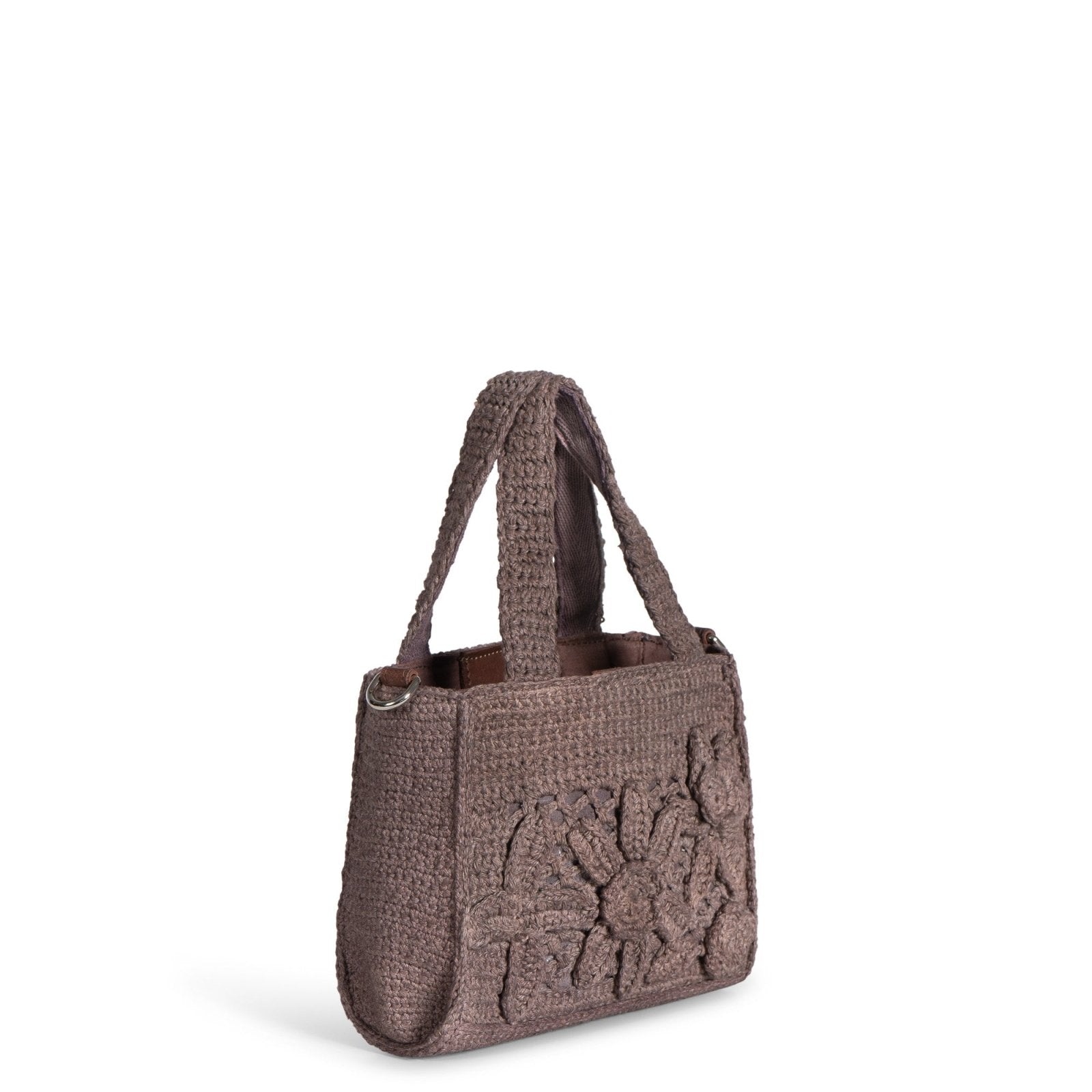 Tote Bag klein gehäkelt Handarbeit Blumenmuster braun - ANOKHI