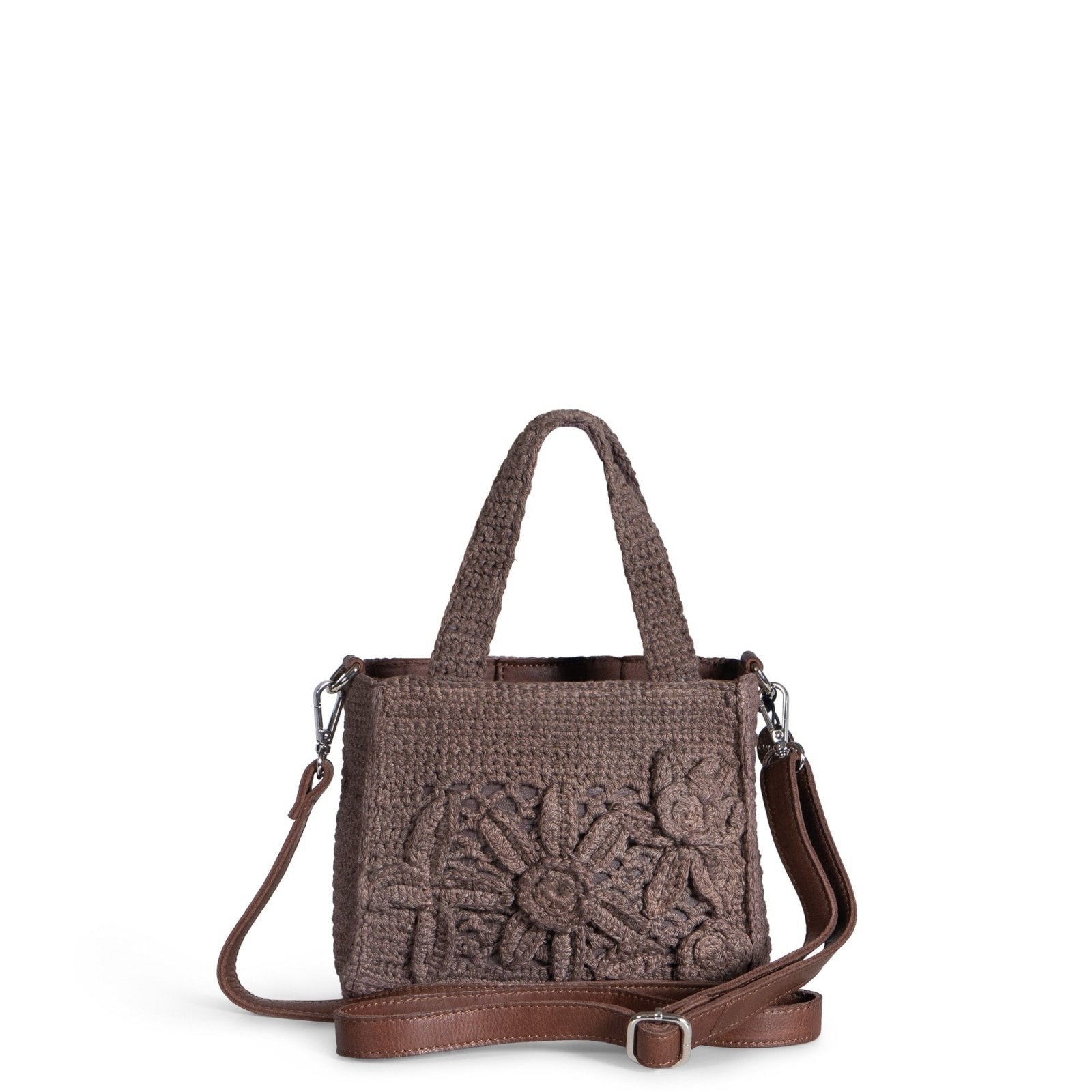 Tote Bag klein gehäkelt Handarbeit Blumenmuster braun - ANOKHI