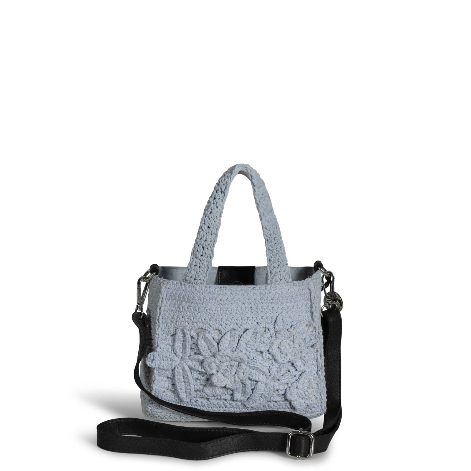 Tote Bag klein gehäkelt Handarbeit Blumenmuster hellblau - ANOKHI