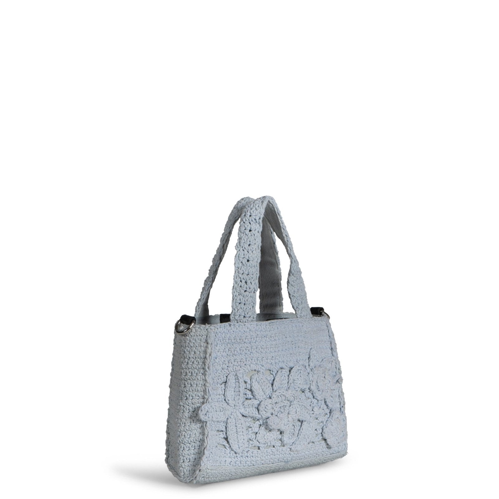 Tote Bag klein gehäkelt Handarbeit Blumenmuster hellblau - ANOKHI