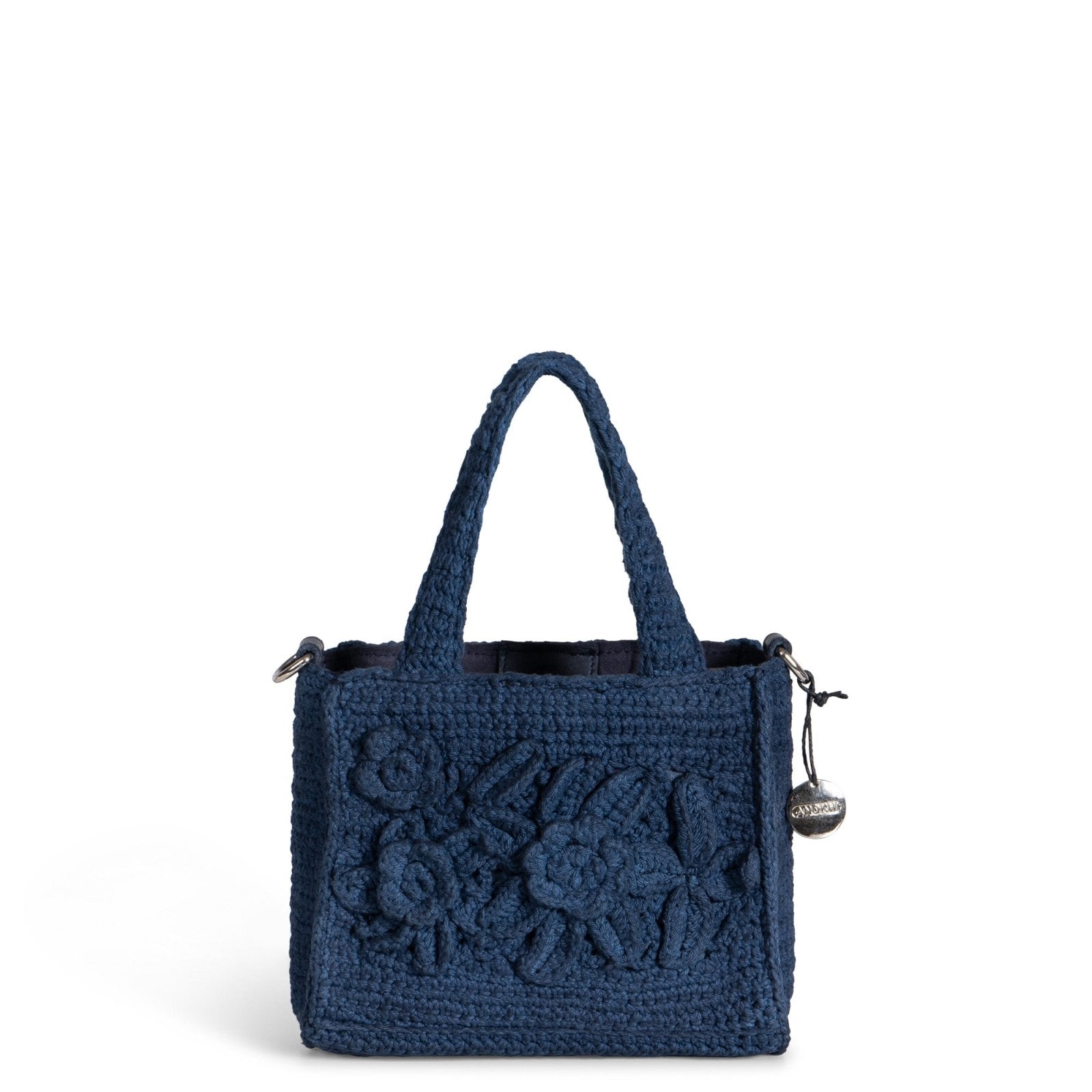 Tote Bag klein gehäkelt Handarbeit Blumenmuster navy - ANOKHI