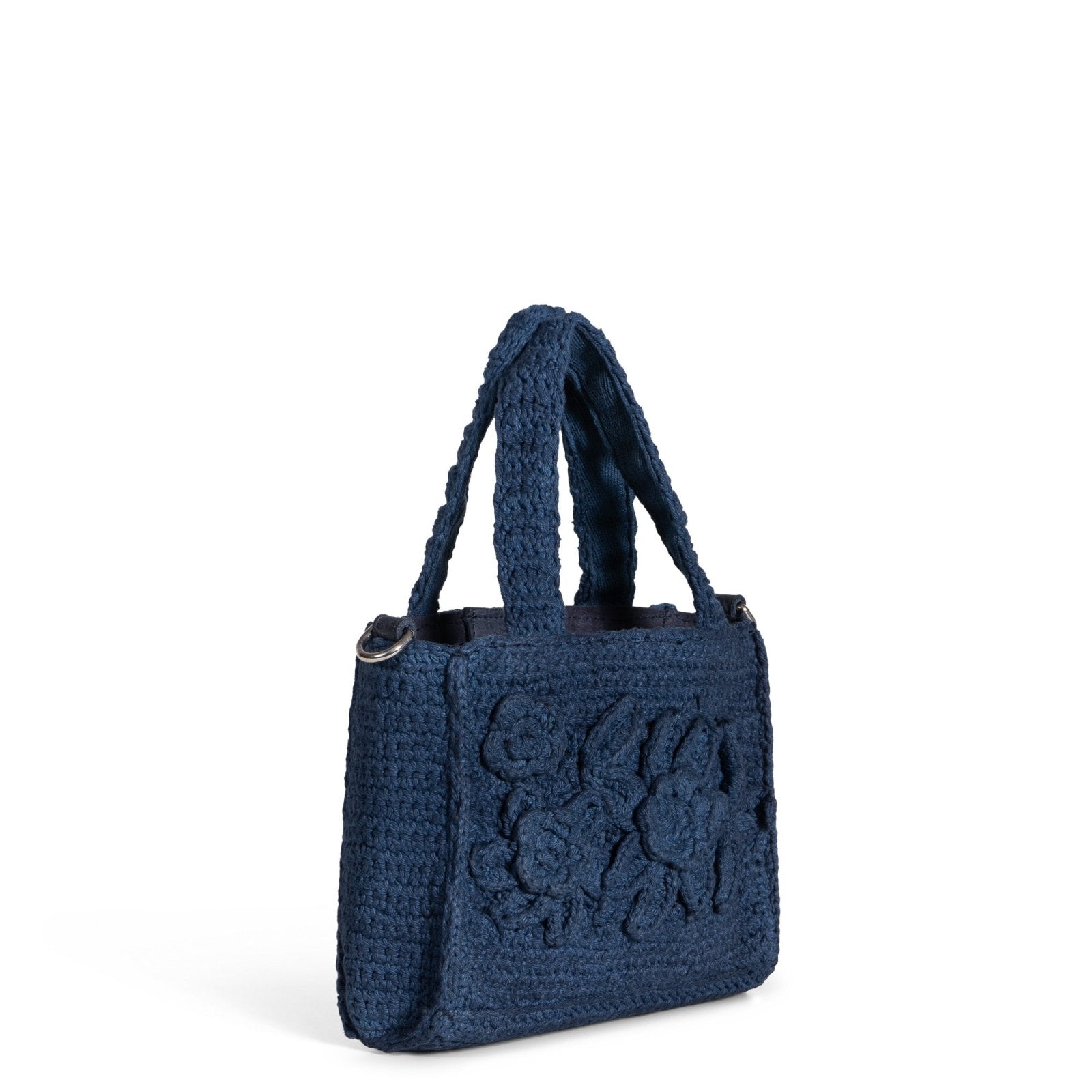 Tote Bag klein gehäkelt Handarbeit Blumenmuster navy - ANOKHI