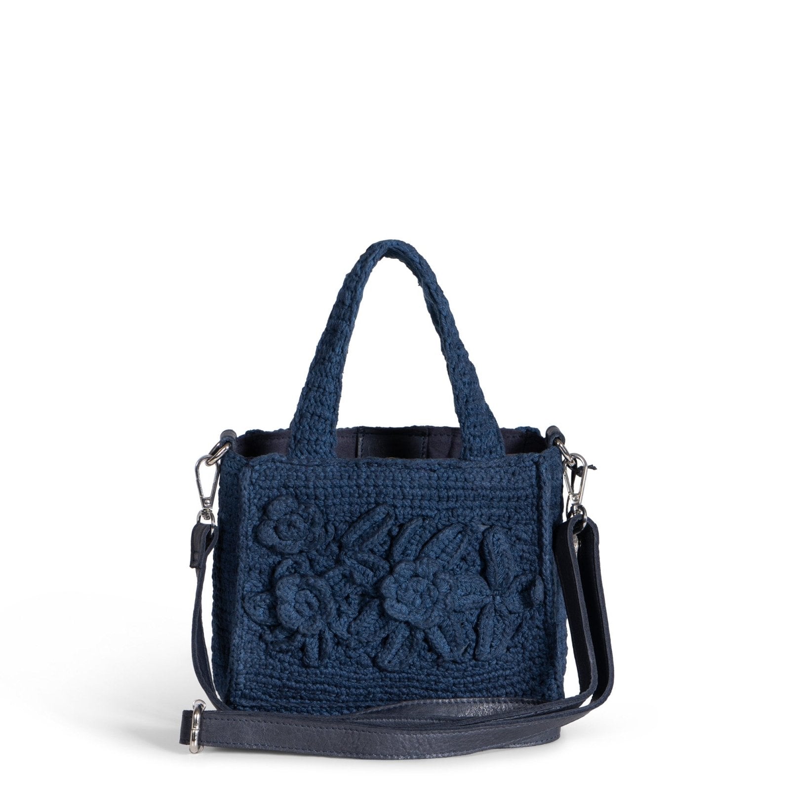 Tote Bag klein gehäkelt Handarbeit Blumenmuster navy - ANOKHI