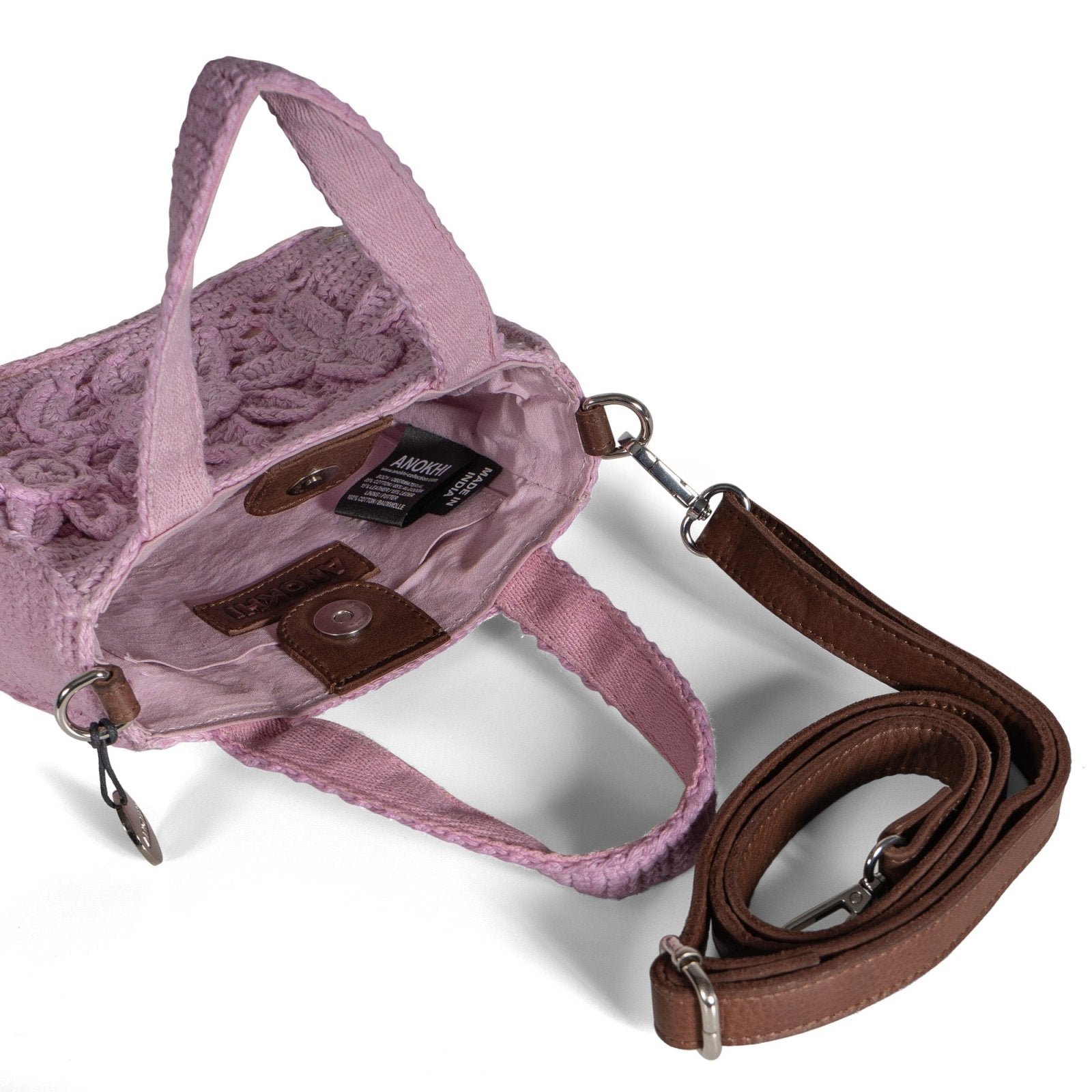 Tote Bag klein gehäkelt Handarbeit Blumenmuster rosa - ANOKHI