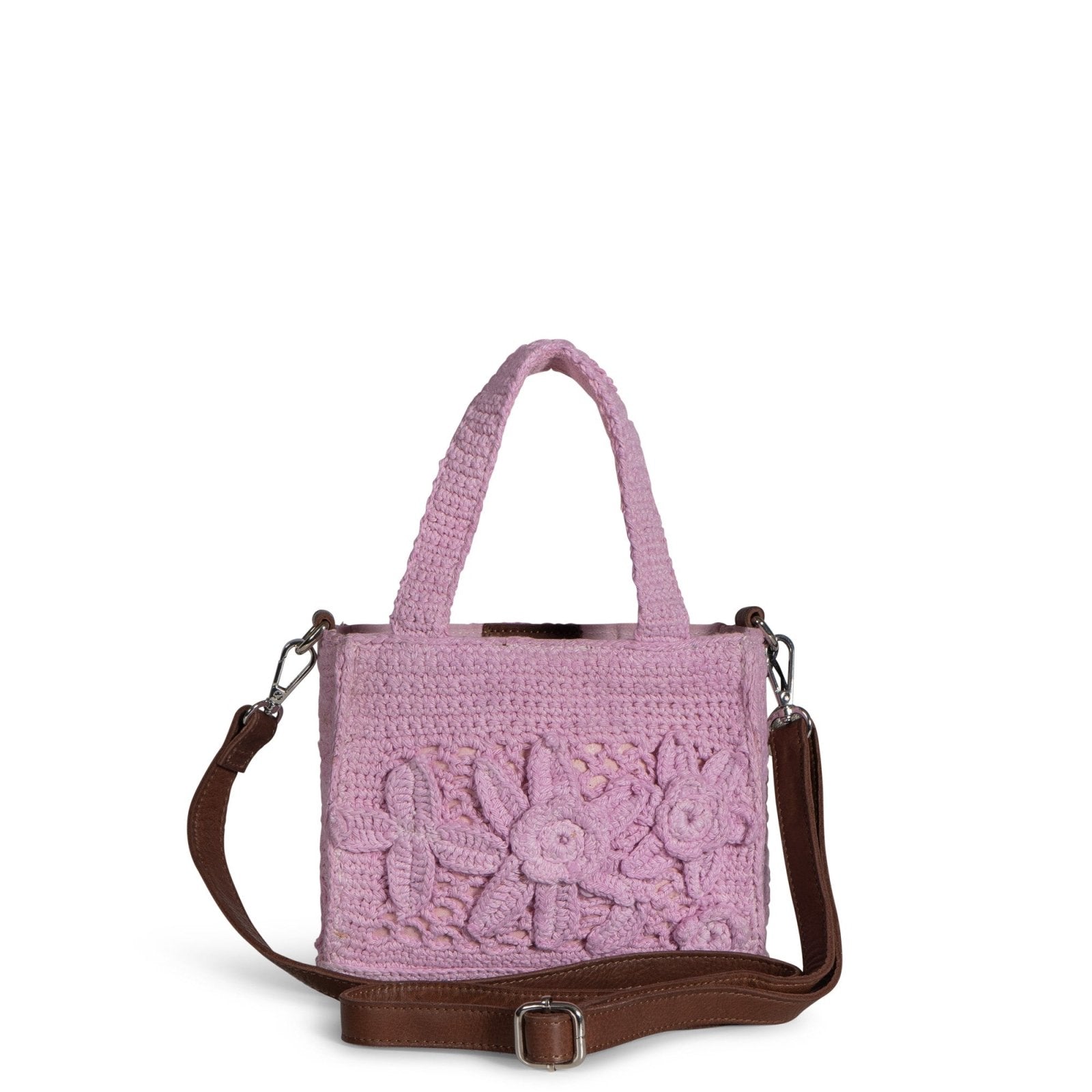 Tote Bag klein gehäkelt Handarbeit Blumenmuster rosa - ANOKHI