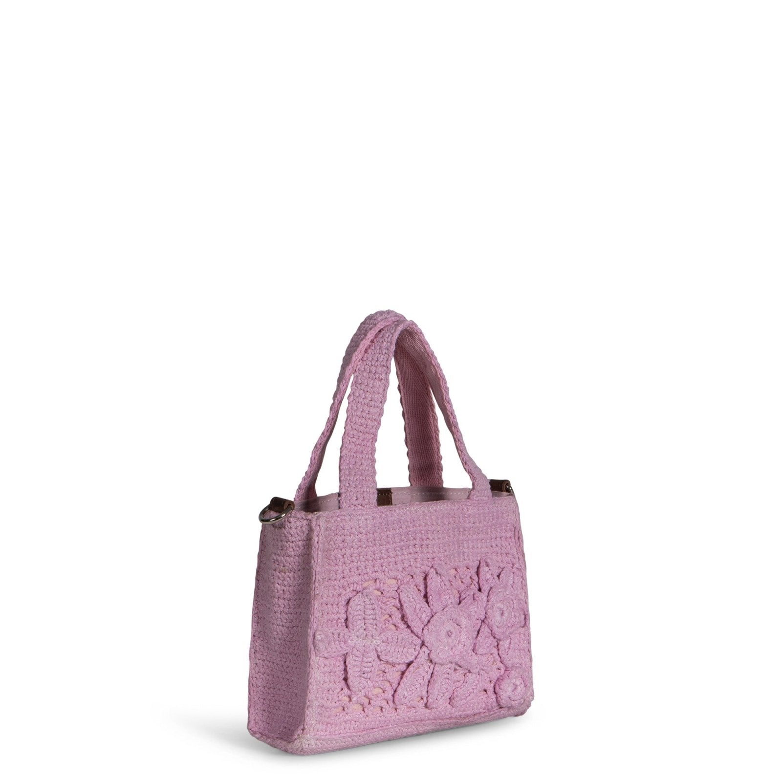 Tote Bag klein gehäkelt Handarbeit Blumenmuster rosa - ANOKHI