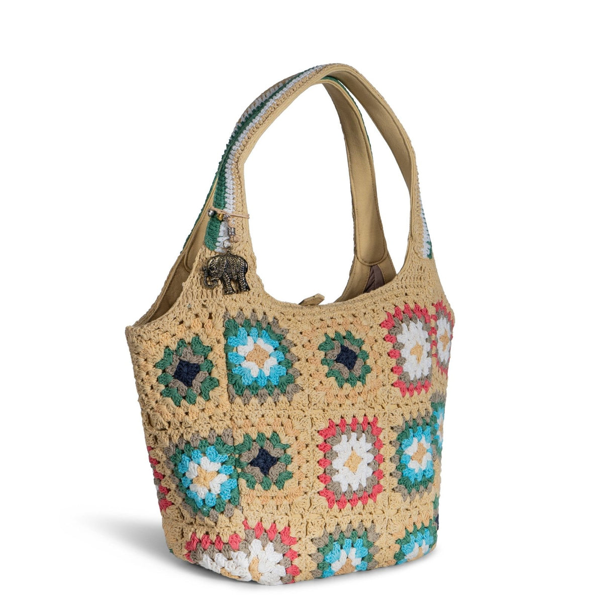 Tote Bag mittlere Größe gehäkelt Handarbeit beige multicolor - ANOKHI
