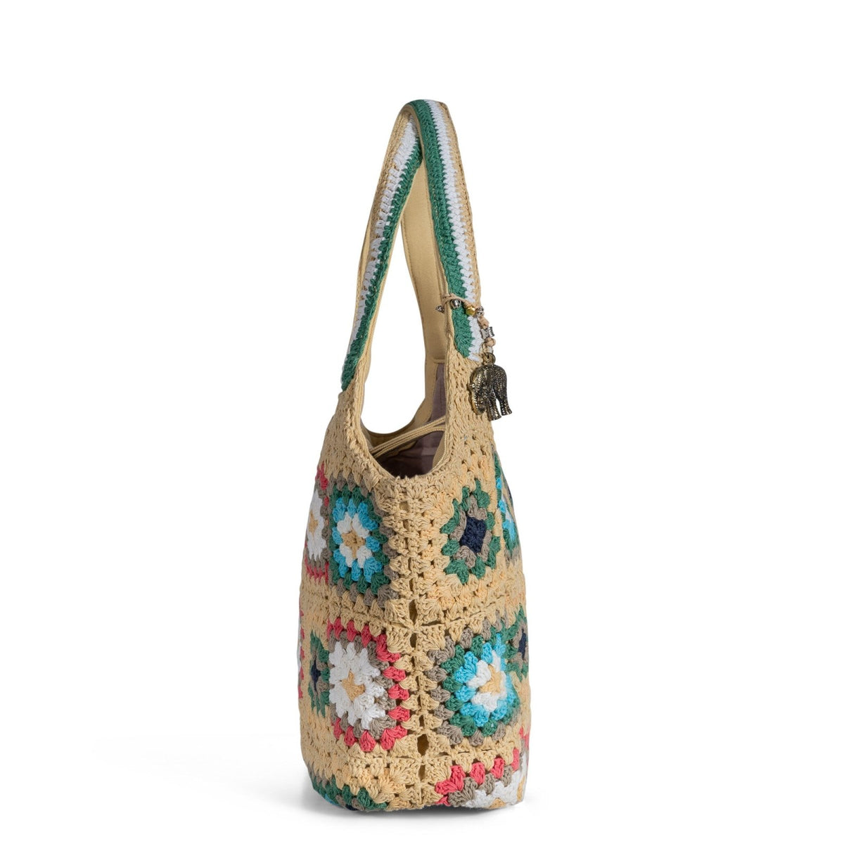 Tote Bag mittlere Größe gehäkelt Handarbeit beige multicolor - ANOKHI