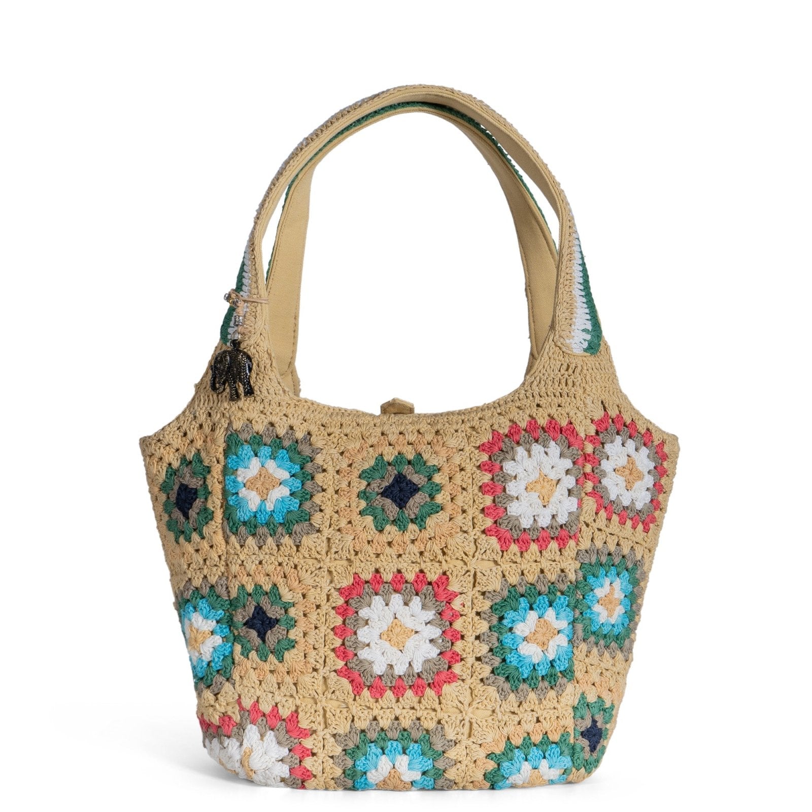 Tote Bag mittlere Größe gehäkelt Handarbeit beige multicolor - ANOKHI