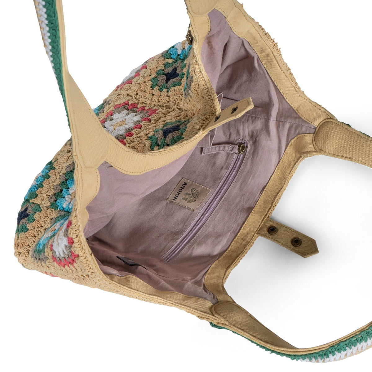 Tote Bag mittlere Größe gehäkelt Handarbeit beige multicolor - ANOKHI