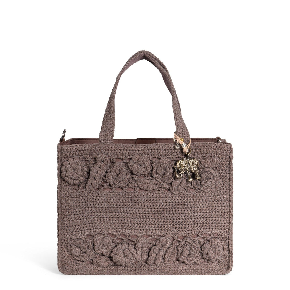 Tote Bag mittlere Größe gehäkelt Handarbeit Blumenmuster braun - ANOKHI