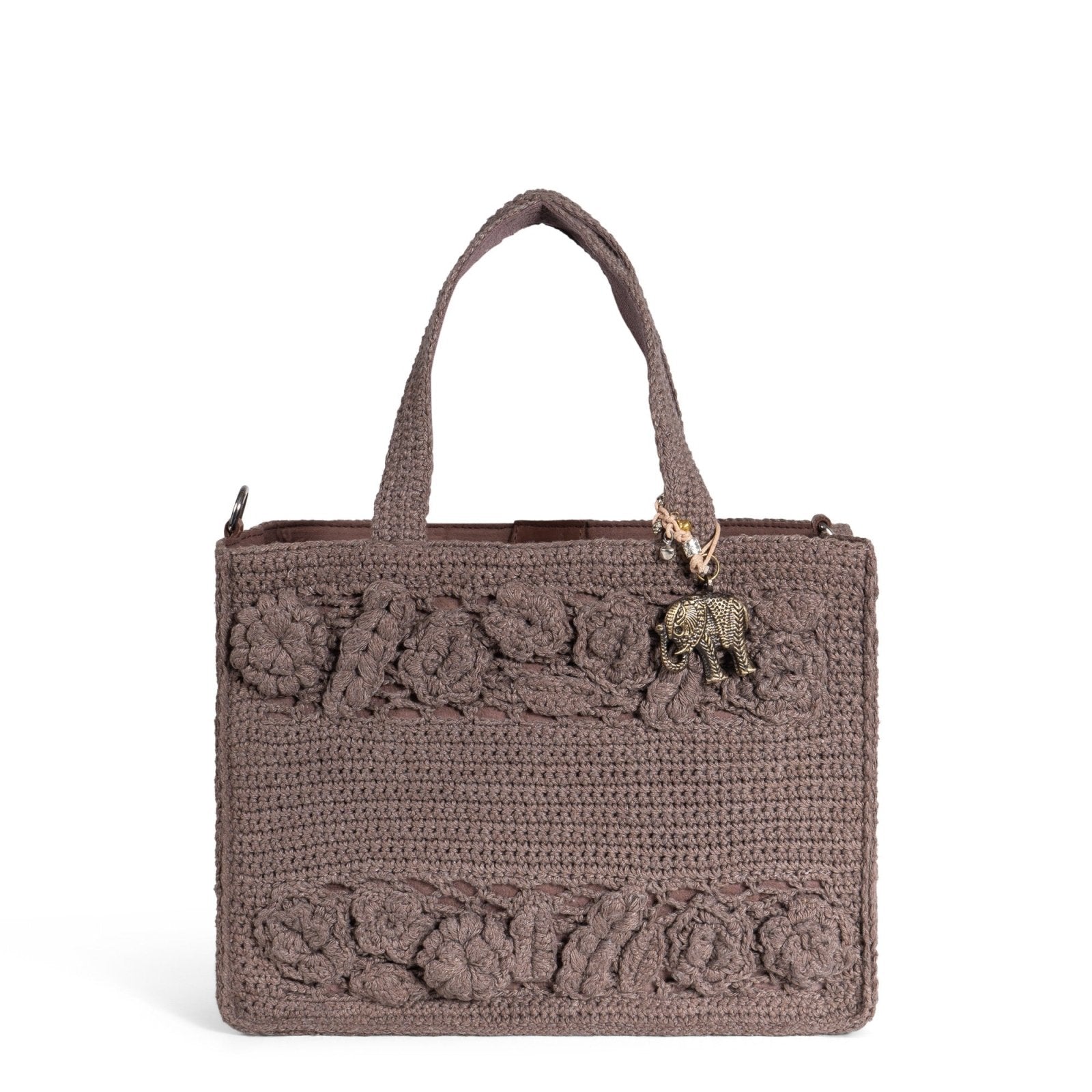 Tote Bag mittlere Größe gehäkelt Handarbeit Blumenmuster braun - ANOKHI