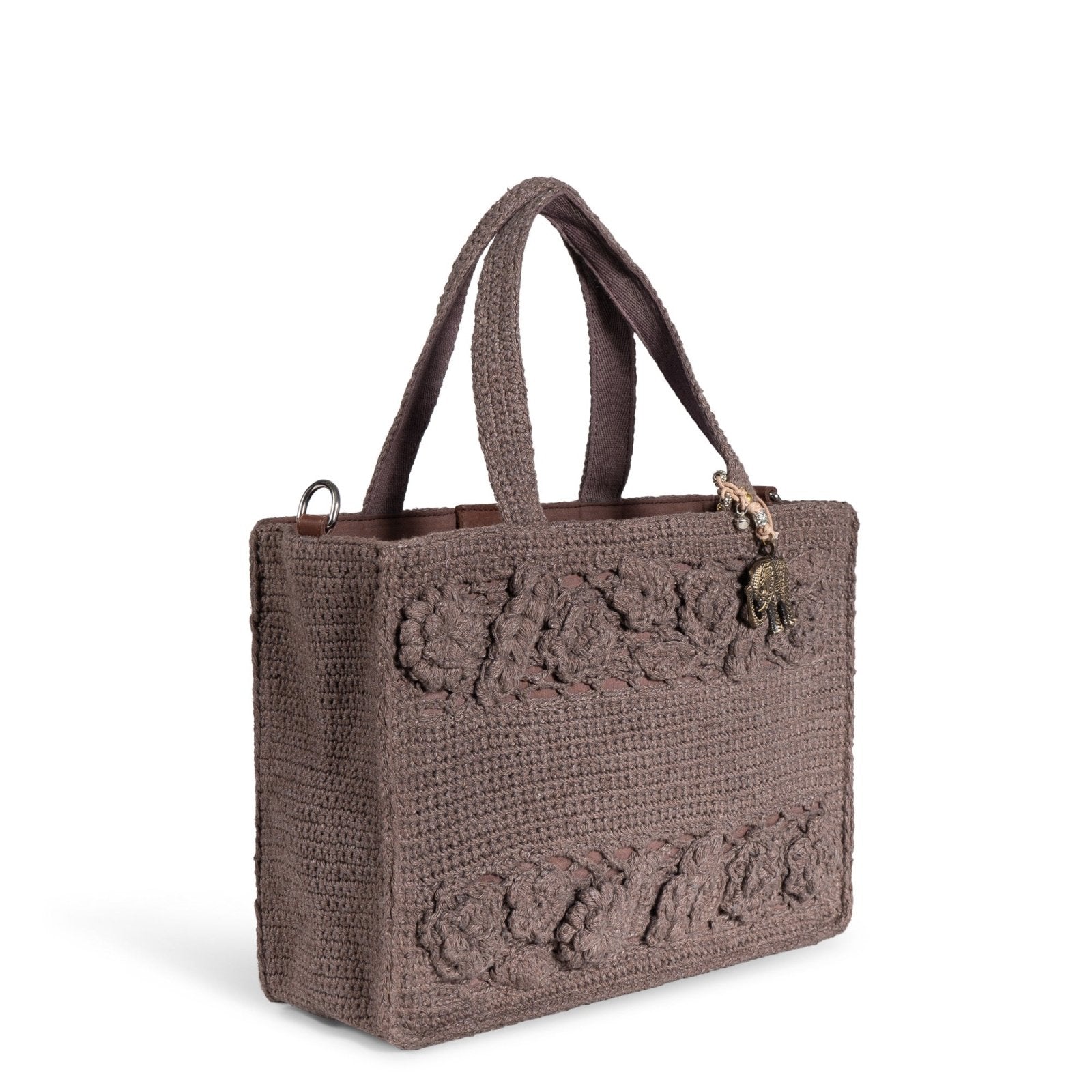 Tote Bag mittlere Größe gehäkelt Handarbeit Blumenmuster braun - ANOKHI