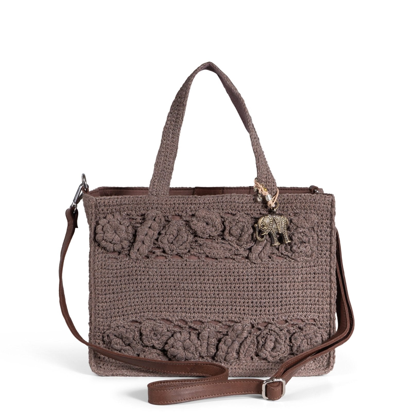 Tote Bag mittlere Größe gehäkelt Handarbeit Blumenmuster braun - ANOKHI