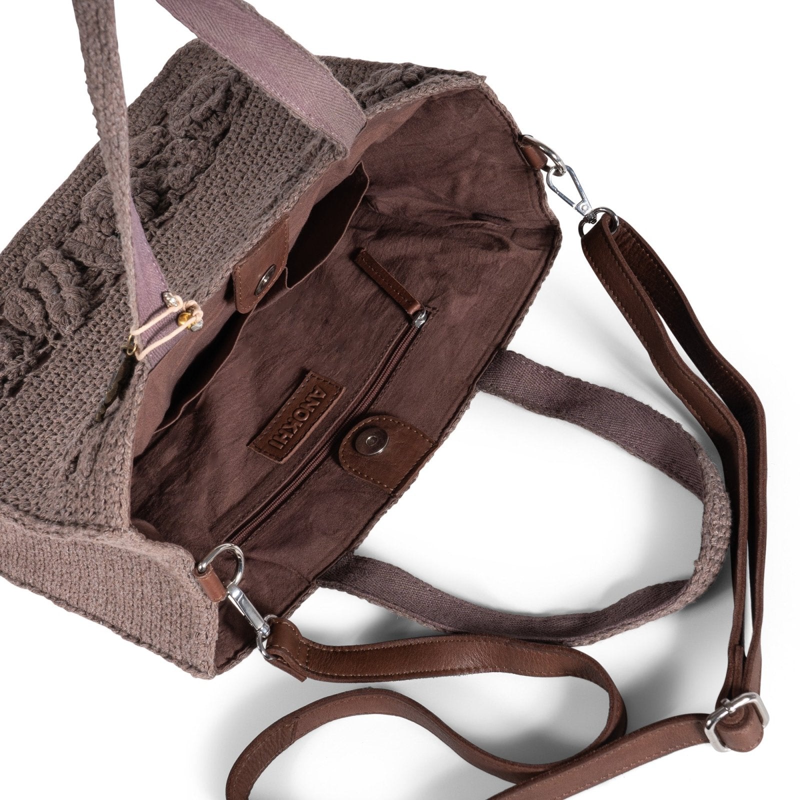 Tote Bag mittlere Größe gehäkelt Handarbeit Blumenmuster braun - ANOKHI