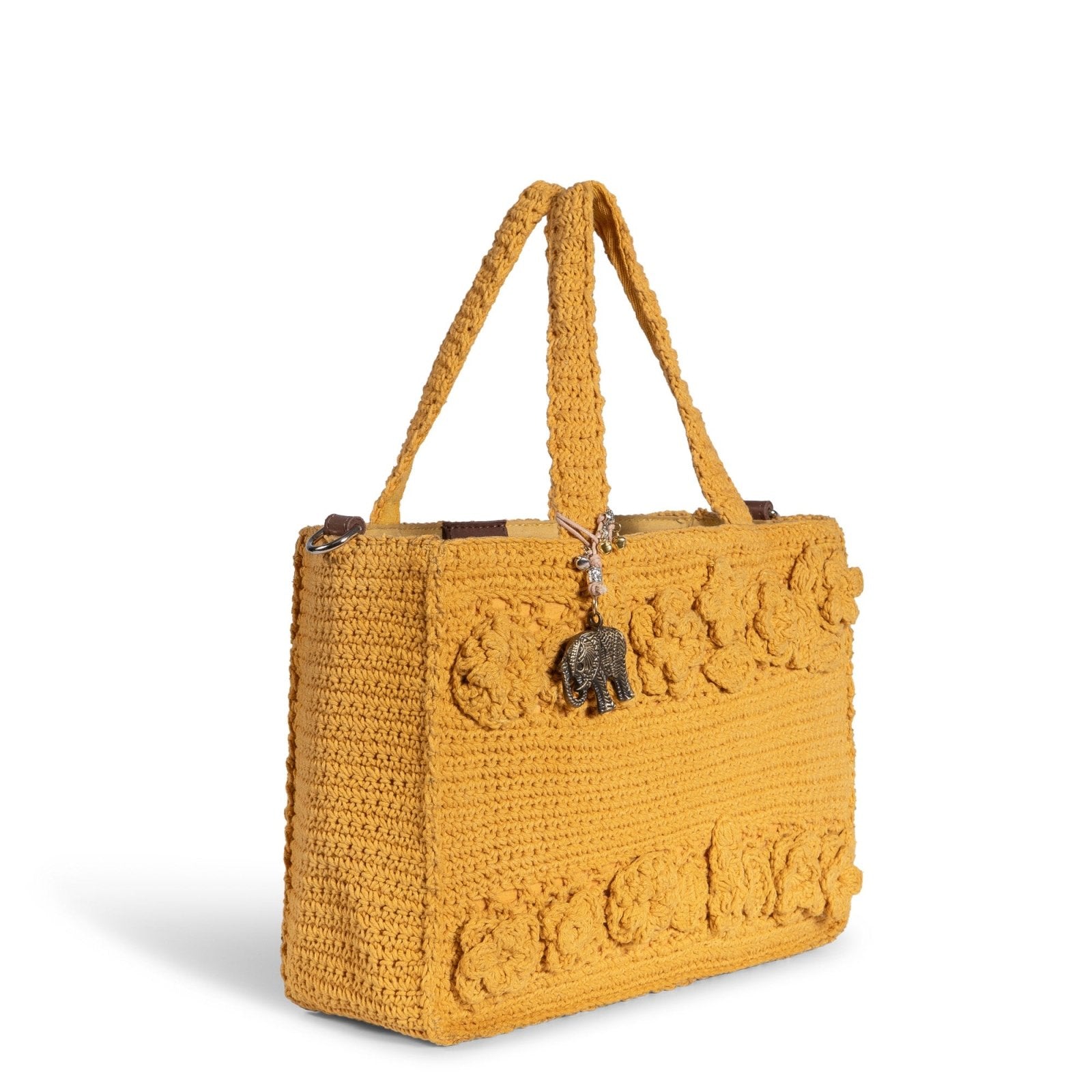 Tote Bag mittlere Größe gehäkelt Handarbeit Blumenmuster gelb - ANOKHI