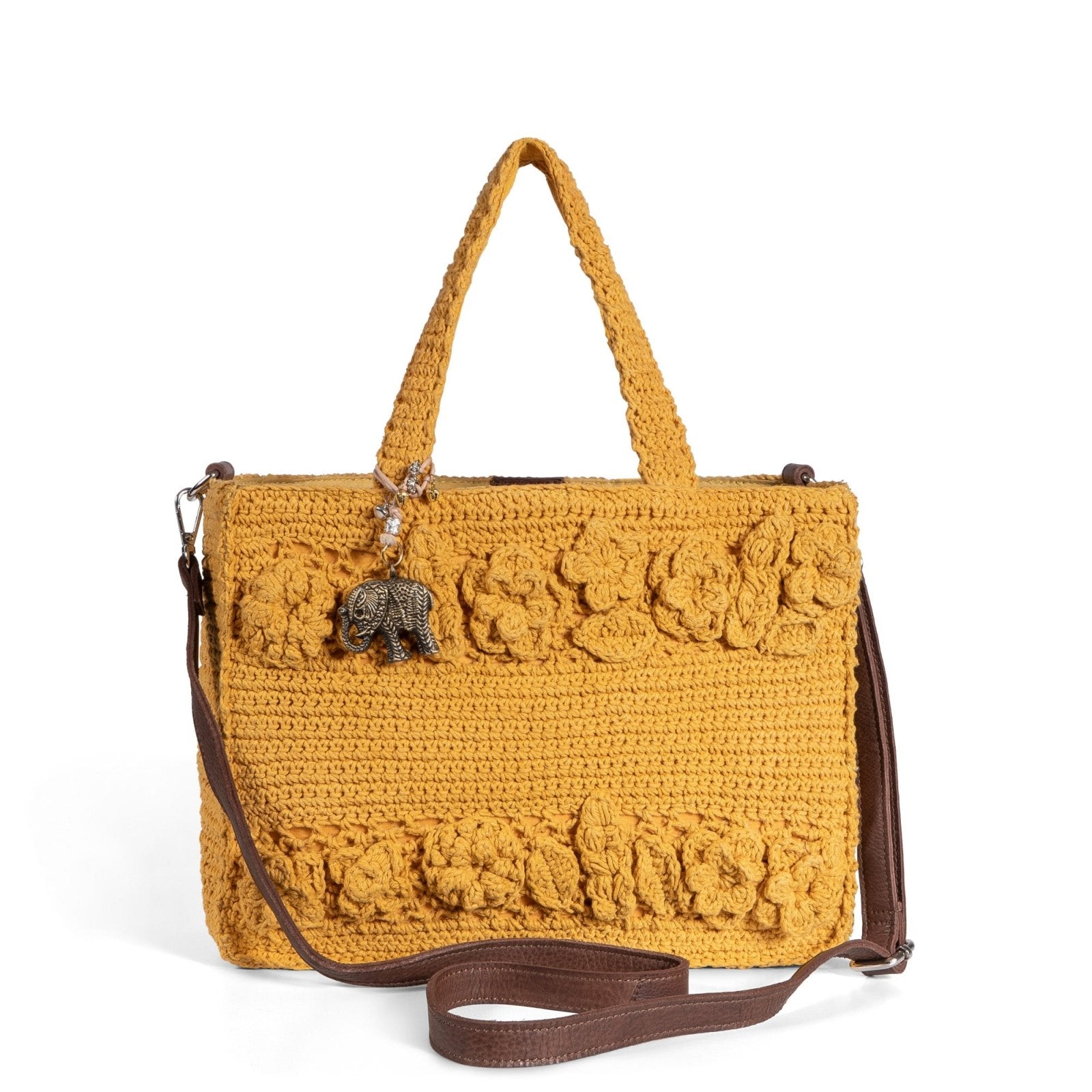 Tote Bag mittlere Größe gehäkelt Handarbeit Blumenmuster gelb - ANOKHI