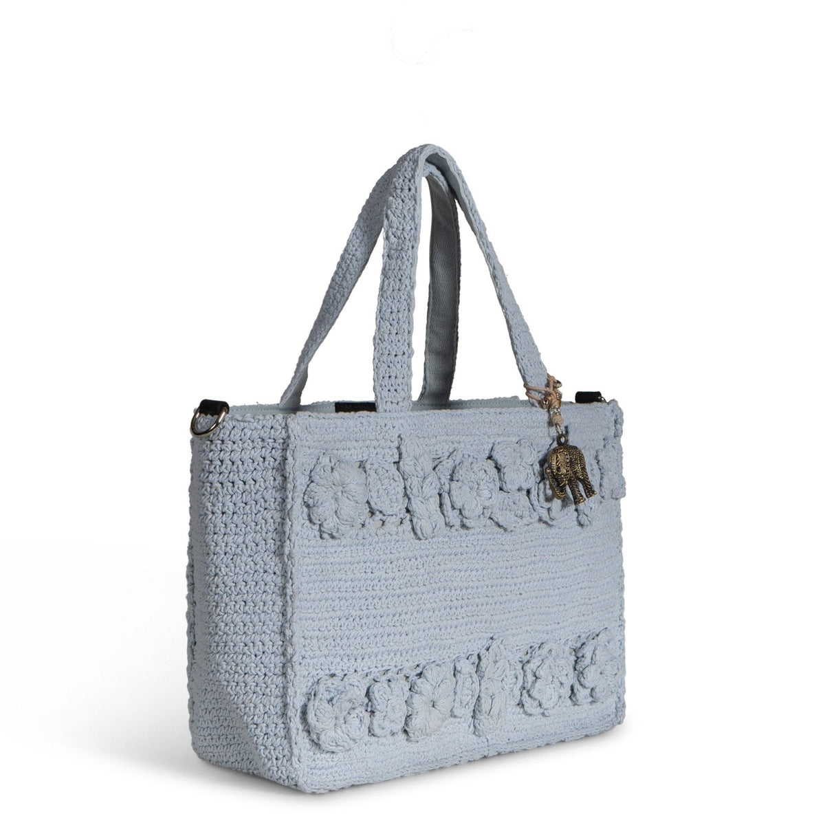 Tote Bag mittlere Größe gehäkelt Handarbeit Blumenmuster hellblau - ANOKHI