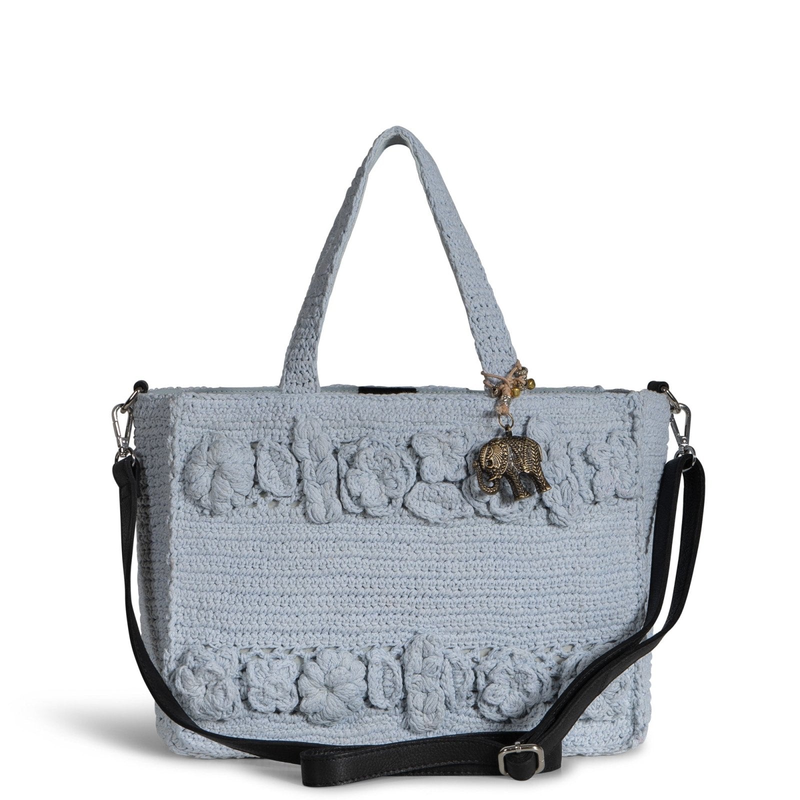 Tote Bag mittlere Größe gehäkelt Handarbeit Blumenmuster hellblau - ANOKHI