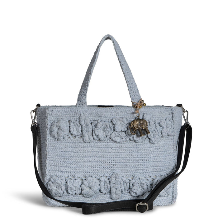 Tote Bag mittlere Größe gehäkelt Handarbeit Blumenmuster hellblau - ANOKHI
