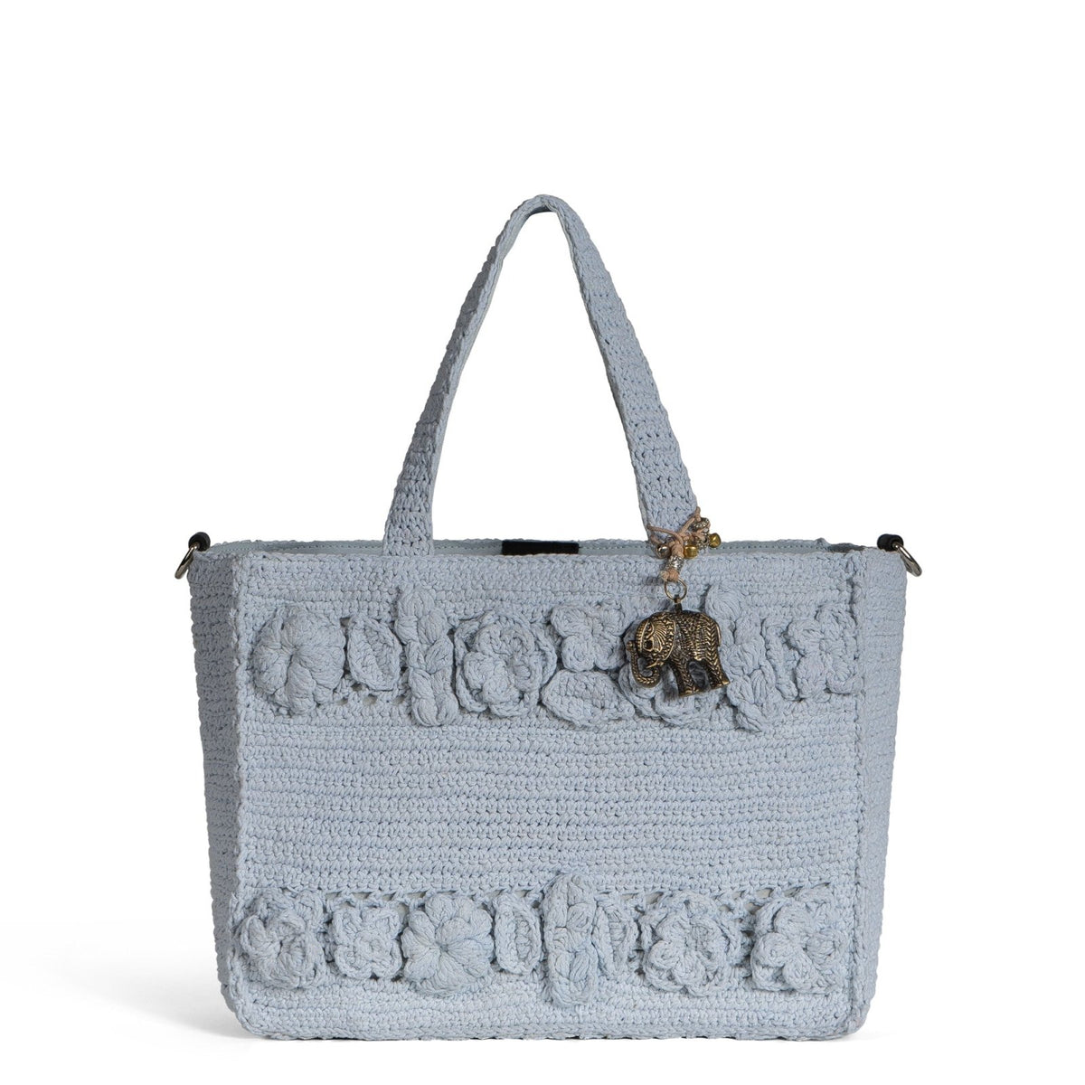 Tote Bag mittlere Größe gehäkelt Handarbeit Blumenmuster hellblau - ANOKHI