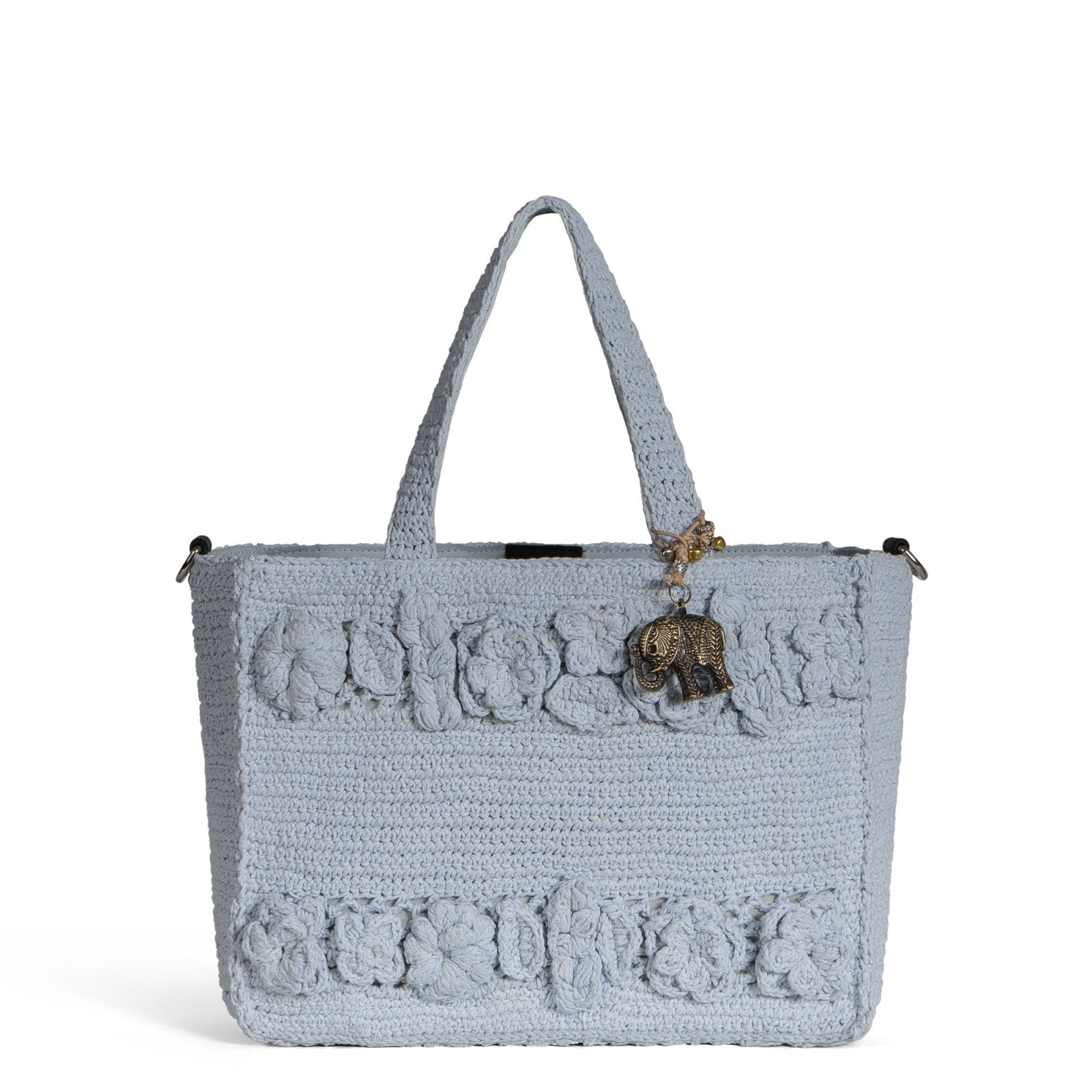 Tote Bag mittlere Größe gehäkelt Handarbeit Blumenmuster hellblau - ANOKHI