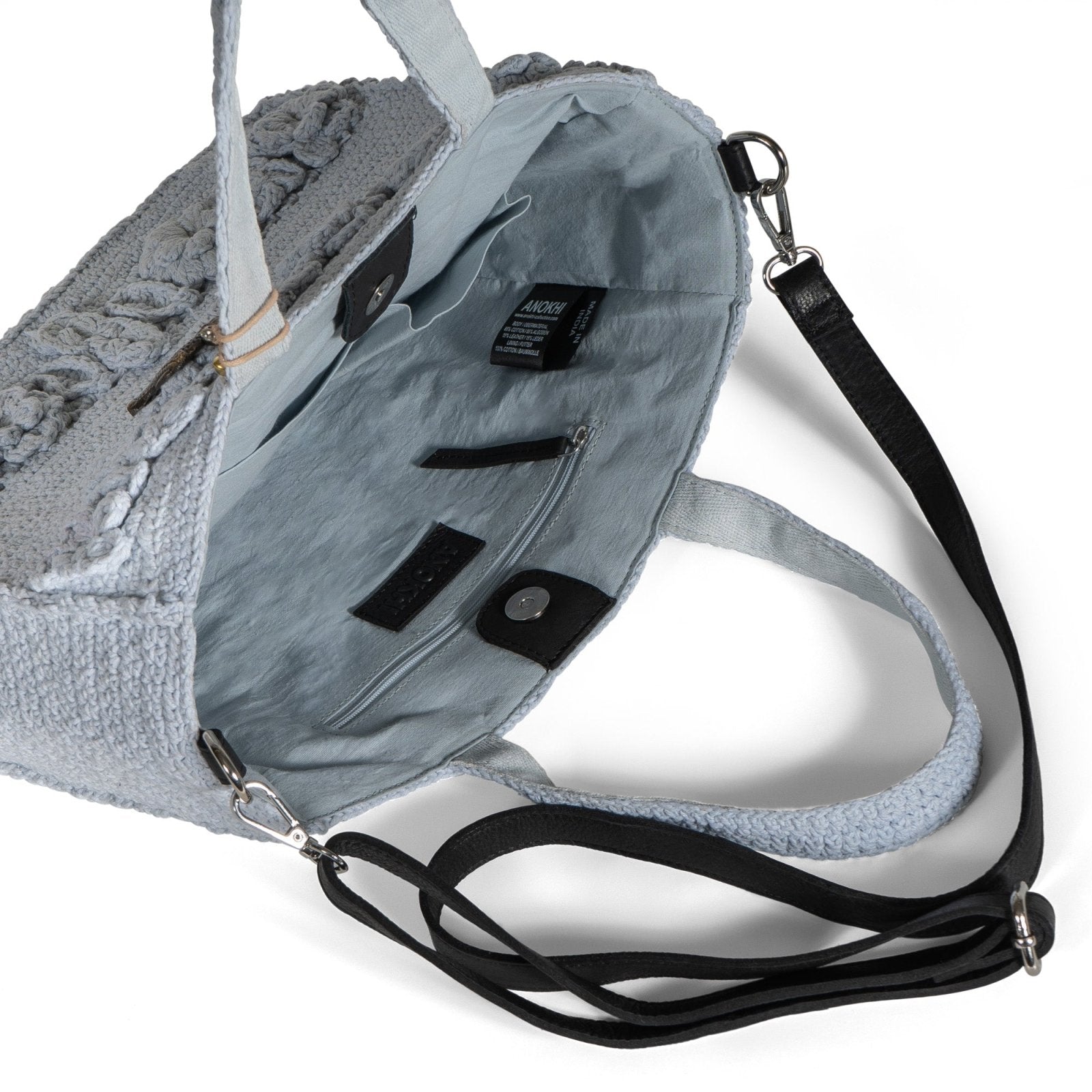 Tote Bag mittlere Größe gehäkelt Handarbeit Blumenmuster hellblau - ANOKHI