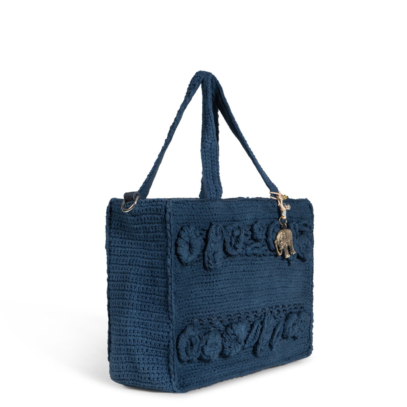 Tote Bag mittlere Größe gehäkelt Handarbeit Blumenmuster navy - ANOKHI