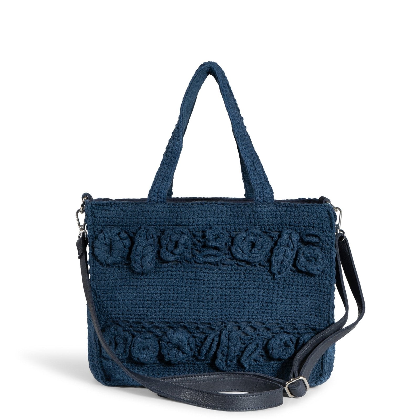 Tote Bag mittlere Größe gehäkelt Handarbeit Blumenmuster navy - ANOKHI