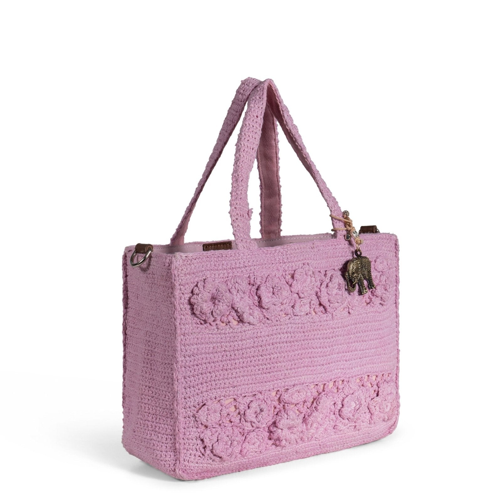 Tote Bag mittlere Größe gehäkelt Handarbeit Blumenmuster rosa - ANOKHI