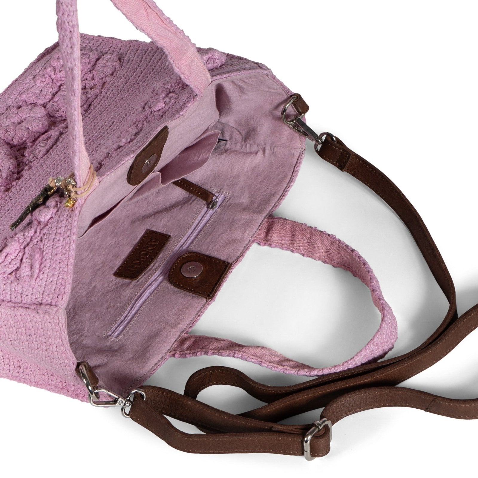 Tote Bag mittlere Größe gehäkelt Handarbeit Blumenmuster rosa - ANOKHI