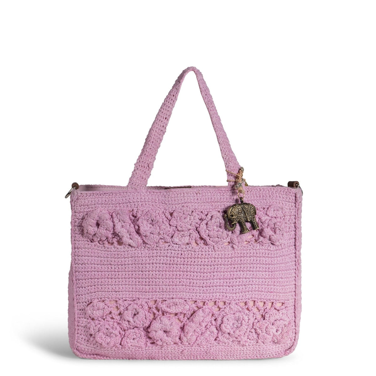 Tote Bag mittlere Größe gehäkelt Handarbeit Blumenmuster rosa - ANOKHI