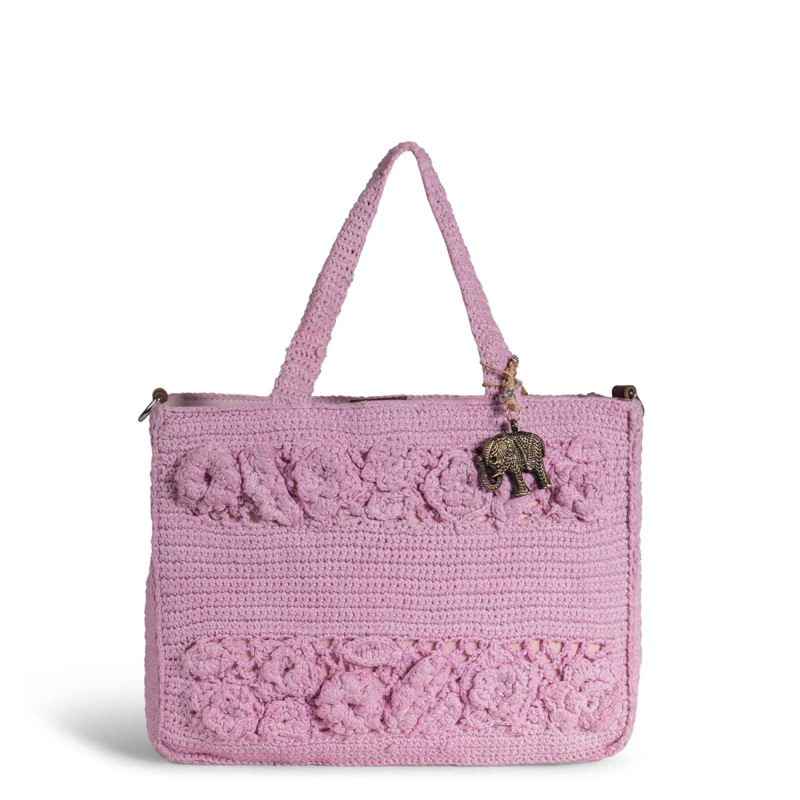 Tote Bag mittlere Größe gehäkelt Handarbeit Blumenmuster rosa - ANOKHI