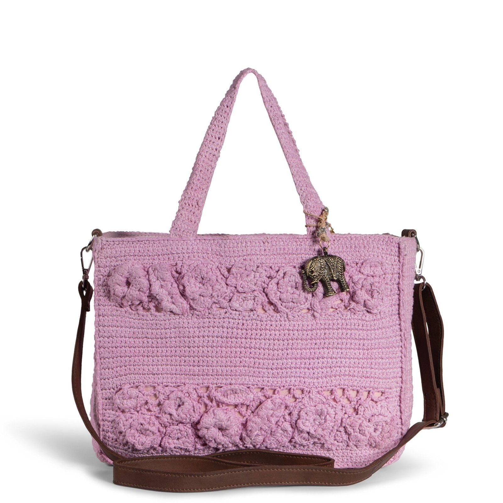 Tote Bag mittlere Größe gehäkelt Handarbeit Blumenmuster rosa - ANOKHI