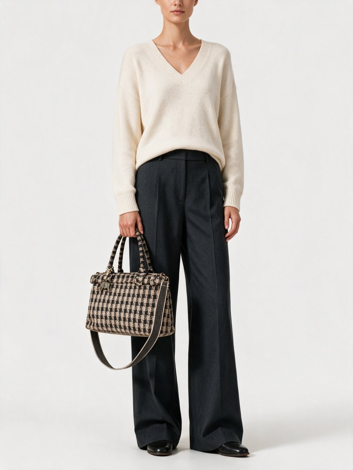 Bolso tote tamaño mediano de cuadros beige negro - ANOKHI