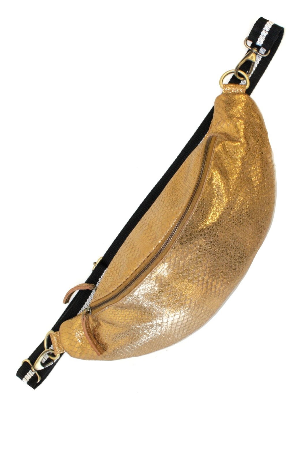 Charlie L" Goldene Beltbag aus Leder in Reptilienoptik - ANOKHI